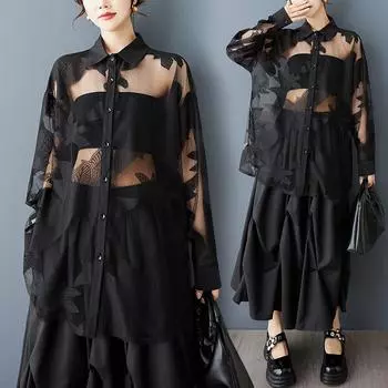 Dimanaf 2025 Плюс Размер Новая Летняя Блузка Кружевная Рубашка Женская Свободная Рубашка С Длинным Рукавом Черные Повседневные Топы Футболки L чёрный