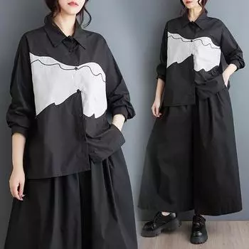 Dimanaf 2025 Плюс Размер Новая Весна Блузка Рубашка Женская Длинный Рукав Пуговица Базовые Модные Топы Футболки Свободные Повседневные One Size чёрный