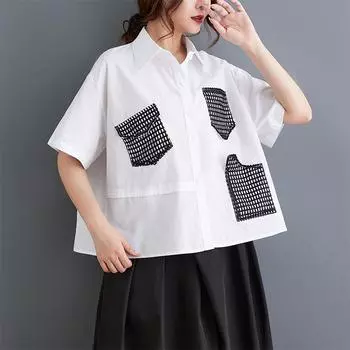 DIMANAF 2025 Плюс Размер Новая женская летняя блузка Свободная рубашка с коротким рукавом Повседневные базовые топы Футболки Винтаж L чёрный