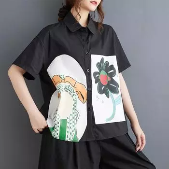 Dimanaf 2025 Плюс Размер Новая женская летняя блузка Свободная рубашка с принтом Рубашка с коротким рукавом Повседневный стиль Базовые топы Футболки Винтаж One Size белый