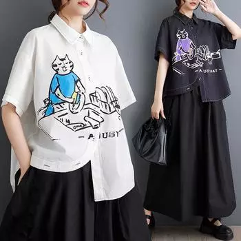 Dimanaf 2025 Плюс Размер Новая женская летняя блузка Базовая свободная рубашка с принтом Рубашка с коротким рукавом Повседневные топы Футболки Винтаж One Size белый