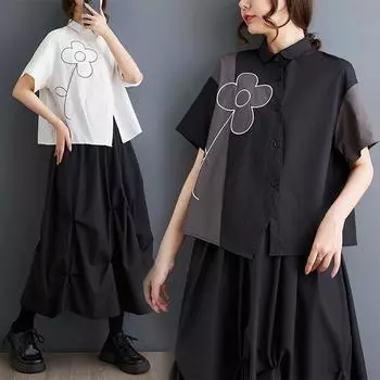 Dimanaf 2025 Плюс Размер Новая женская летняя блузка Свободная рубашка с коротким рукавом с принтом Рубашка повседневного стиля Базовые топы Футболки Винтаж L чёрный