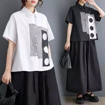 Dimanaf 2025 Плюс Размер Новые Женские Летние Базовые Блузки Свободные Рубашки С Принтом Рубашки С Коротким Рукавом Повседневные Топы Футболки Винтаж One Size чёрный