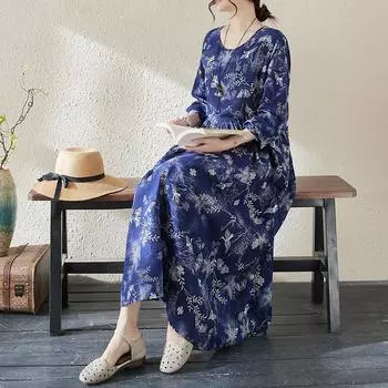 Dimanaf 2025 Плюс Размер Женщин Весна Лето Платье Винтаж Леди Длинное Платье Цветочный Стиль Свободное Макси Платье Принт M синий