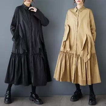 Dimanaf 2025 Плюс Размер Женщин Весна Платье Свободное Новое Женское Длинное Платье Твердый Винтаж Макси Платье Длинный Рукав Пуговица One Size чёрный