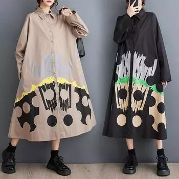 Dimanaf 2025 Плюс Размер Женщин Весна Платье Свободное Новое Женское Длинное Платье Принт Винтаж Макси Платье Длинный Рукав Пуговица One Size чёрный