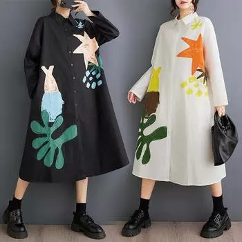 DIMANAF 2025 Плюс Размер Женщин Весна Платье Винтаж Леди Длинное Платье Печать Свободное Макси Платье Новое Длинный Рукав Базовый One Size белый