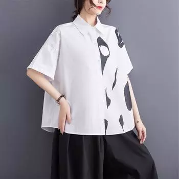DIMANAF 2025 Плюс Размер Женская Летняя Свободная Рубашка Короткий Рукав С Принтом Рубашка Повседневная Кнопка Базовые Новые Топы Футболки Однотонные L белый