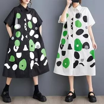 Dimanaf 2025 Плюс Размер Женское Летнее Платье Винтажное Женское Длинное Платье Стиль Принта Свободное Макси Хлопковое Базовое Платье One Size чёрный