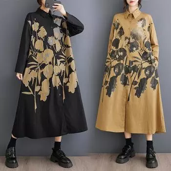 Dimanaf 2025 Плюс Размер Женское Весеннее Платье Винтажное Женское Длинное Платье Цветочный Принт Свободное Макси Платье Длинный Рукав Базовый One Size чёрный