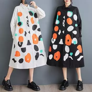 DIMANAF 2025 Плюс Размер Женское Весеннее Платье Новое Женское Длинное Платье Винтажный Принт Свободное Макси Платье Длинный Рукав Пуговица One Size чёрный