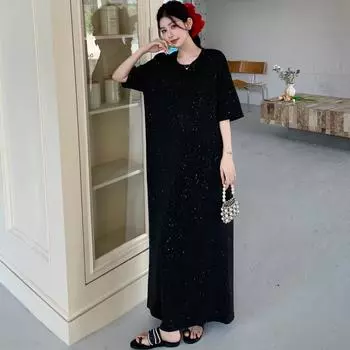 DIMANAF 2025 Plus Size Dress Women Summer Vintage Dress Basic Long Loose Casual Dress Elegant XL чёрный