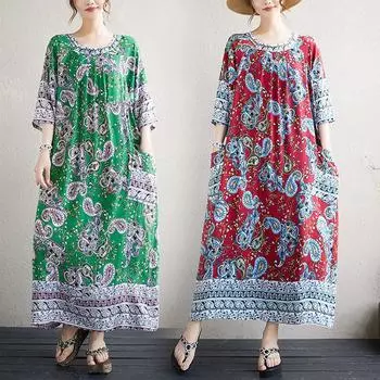 DIMANAF 2025 Plus Size Dress Women Summer Vintage Cotton Printing Long Dress Pockets Casual Loose Oversized Dress One Size красный