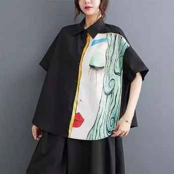 DIMANAF 2025 Плюс Размер Новая Женская Летняя Свободная Рубашка Короткий Рукав Винтажная Рубашка Повседневные Базовые Топы Футболки Печать L белый