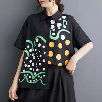 DIMANAF 2025 Plus Size Новая женская базовая блузка летняя свободная рубашка с коротким рукавом винтажная принтованная рубашка повседневные топы футболки One Size чёрный