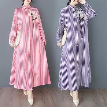DIMANAF 2025 Plus Size Spring Dress Women Casual Vintage Long Shirt Dress Loose Stripe Buttons Basic Oversize Dress One Size розовый