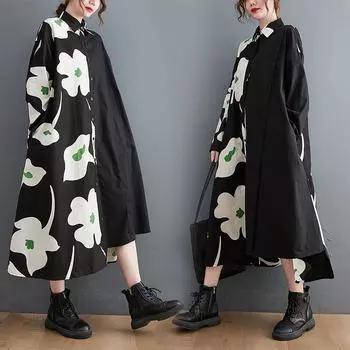 Dimanaf 2025 Плюс Размер Женщин Свободное Платье Женское Базовое Длинное Платье Винтаж Повседневный Цветочный Принт Платье Оверсайз One Size чёрный