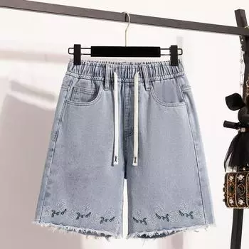 DIMANAF 2025 Plus Size Women Shorts Pants Summer Loose Jeans Short Basic High Waist Solid Pants Elastic Waist XL синий