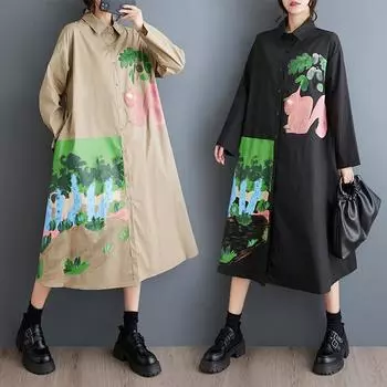 Dimanaf 2025 Плюс Размер Женщин Весна Платье Винтаж Новое Женское Длинное Платье С Принтом Свободное Макси Платье Длинный Рукав Пуговица One Size чёрный