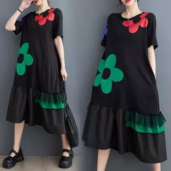 Dimanaf 2025 Плюс Размер Женское Летнее Свободное Платье Женское Базовое Длинное Платье Винтажное Повседневное Платье С Цветочным Принтом Оверсайз One Size чёрный