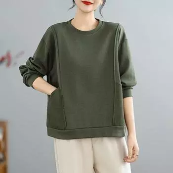 Dimanaf 2025 Пуловер Плюс Размер Весна Базовая Футболка Женская Асимметричная Длинный Рукав Свободные Топы Твердый L хаки