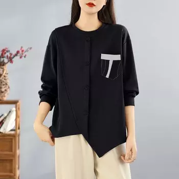 Dimanaf 2025 Пуловер Плюс Размер Весна Пуговицы Футболка Женская Асимметричная Полный Рукав Свободные Топы Твердый L зелёный