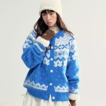 DIMANAF 2025 Синие кардиганы Свитера Осень Женские С принтом С круглым вырезом Свитера Вязание Свободный Розовый свитер One Size