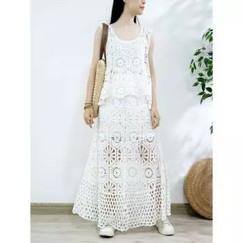 DIMANAF 2025 Skirt Suit Women Lace Knitting Hollow Out Sexy O-Neck Hollow Summer Style Tops Tees Loose Basic One Size белый