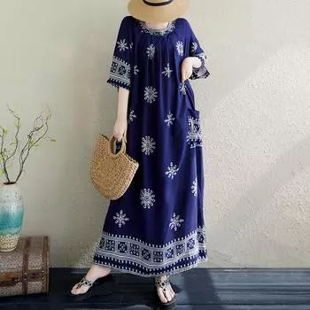 DIMANAF 2025 Spring Summer Plus Size Dress Women Casual Vintage Long Dress Loose Basic Cotton Dress One Size синий