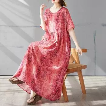 DIMANAF 2025 Summer Basic Plus Size Dress Women Casual Long Dress Loose Vintage Bohemian Printing Dress One Size красный