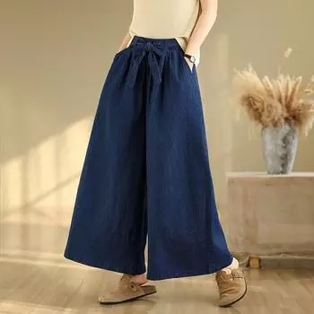 DIMANAF 2025 Summer Jeans Women Elastic Basic Long Pants Denim Loose Wide Leg Pants Casual Blue Plus Size Pants M синий