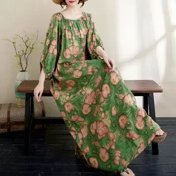 DIMANAF 2025 Summer New Plus Size Dress Basic Women Casual Loose Floral Beach Vintage Oversized Dress Maxi One Size зелёный