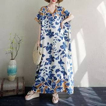 DIMANAF 2025 Летнее платье больших размеров Базовое женское повседневное свободное винтажное новое длинное платье большого размера с цветочным принтом Макси One Size синий