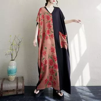 DIMANAF 2025 Summer Plus Size Dress Basic Women Casual Loose Long Vintage New Oversized Floral Dress Maxi One Size красный