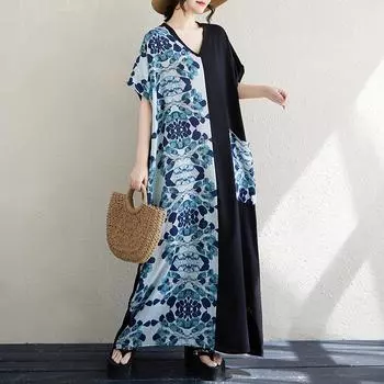 DIMANAF 2025 Summer Plus Size Dress Basic Women Casual Loose Vintage Printing Long Oversized New Linen Dress Maxi One Size синий
