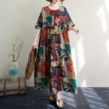 DIMANAF 2025 Summer Plus Size Dress Basic Women Casual Loose Long Vintage New Printing Dress Maxi One Size красный
