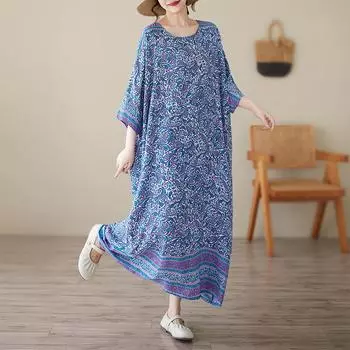 DIMANAF 2025 Summer Plus Size Dress Basic Women Casual Long Vintage New Oversized Loose Dress Maxi 9052 One Size синий