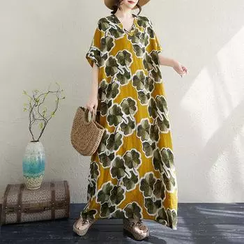 DIMANAF 2025 Summer Plus Size Dress Beach Casual Basic V-Neck Women Loose Vintage New Printing Long Dress Maxi One Size жёлтый