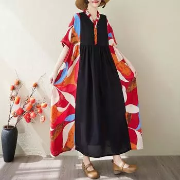 DIMANAF 2025 Summer Plus Size Dress Loose Women Casual Long Vintage Dress Floral Fashion Basic Short Sleeve Dress One Size красный