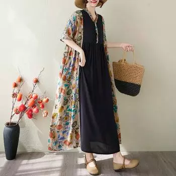 DIMANAF 2025 Summer Plus Size Dress Loose Women Casual Long Vintage Linen Dress Printing Basic Short Sleeve Dress One Size чёрный