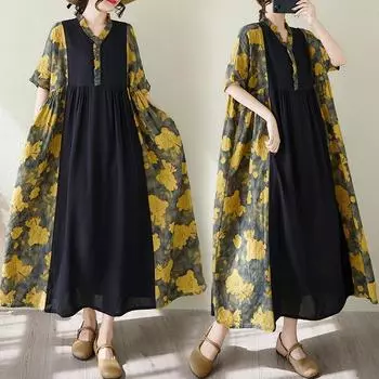 DIMANAF 2025 Summer Plus Size Dress Loose Women Casual Long Vintage Linen Dress Floral Printing Basic Short Sleeve Dress One Size чёрный