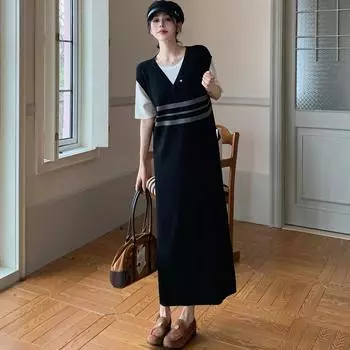 DIMANAF 2025 Summer Plus Size Dress Women Casual Vintage Cotton Dress Basic Loose V-Neck Long Dress L чёрный