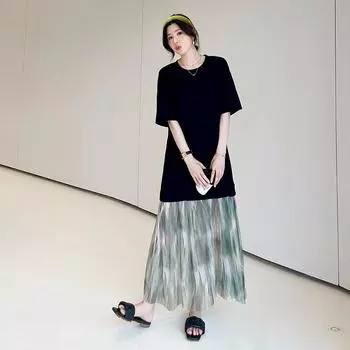 DIMANAF 2025 Summer Plus Size Dress Women Vintage Shirt Dress Oversized Basic Long Elegant Casual Spliced Loose Dress L чёрный