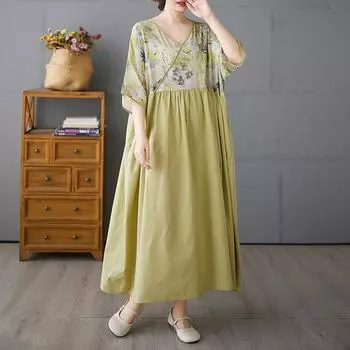 DIMANAF 2025 Summer Plus Size Dress Women Casual Linen Dress Loose Basic Floral Long Maxi Vintage Dress One Size дубильная кора