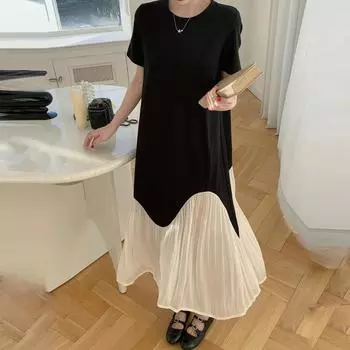 DIMANAF 2025 Summer Plus Size Dress Women Loose Casual Dress Basic Vintage Short Sleeve Pleated Elegant Long Dress L чёрный