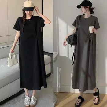 DIMANAF 2025 Summer Plus Size Dress Women Loose Casual Cotton Dress Basic Vintage Solid Short Sleeve Long Dress L чёрный