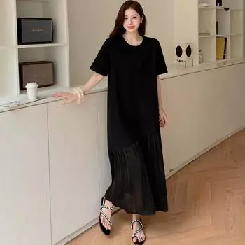 DIMANAF 2025 Summer Plus Size Dress Women Loose Casual Dress Basic Vintage Short Sleeve Elegant Long Black Dress L чёрный
