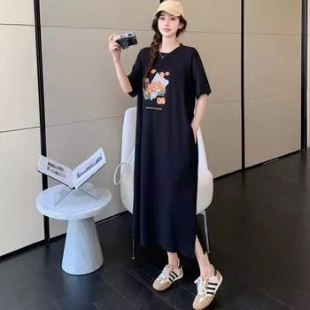 DIMANAF 2025 Summer Plus Size Dress Women Casual Vintage Cotton Long Dress Loose Basic Printing Short Sleeve Dress XL чёрный