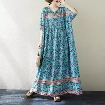 DIMANAF 2025 Summer Plus Size Dress Women Casual Long Vintage Bohemian Dress Loose Basic Floral Printing Dress One Size синий