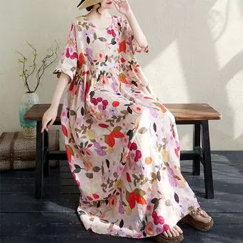 DIMANAF 2025 Summer Plus Size Dress Women Casual Vintage Dress Basic Printing Long Flower Loose Dress One Size розовый